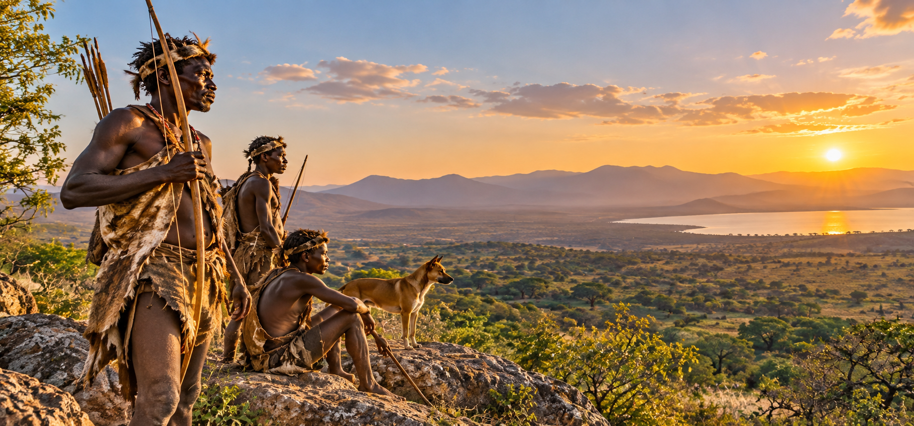 Hadzabe hunters at sunrise overlooking Lake Eyasi near Karatu, Tanzania